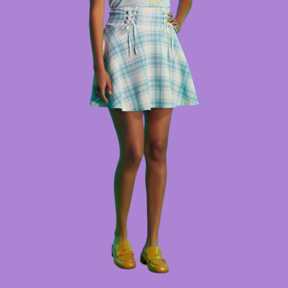 Midnight Hour: Blue & White Plaid Double Lace-Up Skirt - Picture 2 of 14